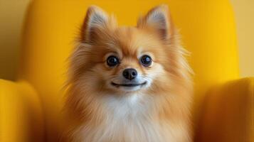 Small pomeranian dog relaxing on a bright yellow chair in a cozy indoor setting. photo