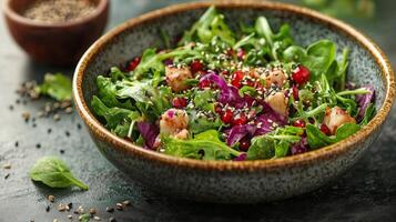 Fresh and vibrant salad with greens, pomegranate, and sesame seeds served in a rustic bowl. photo