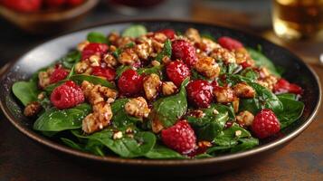 Delicious spinach salad with grilled chicken and fresh raspberries served on a rustic table. photo