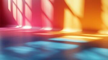 Colorful light reflections create vibrant patterns on the floor in a bright interior space. photo