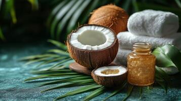 Coconut half next to a jar of coconut oil and white towels on a tropical backdrop. photo