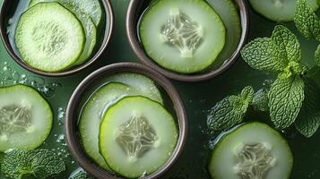 Sliced cucumbers and mint in bowls with water on a dark green background. photo