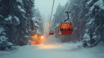 Snowy gondola ride through a winter forest at twilight. photo