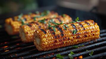 Grilled corn on the cob with herbs cooking over charcoal at a summer barbecue gathering. photo