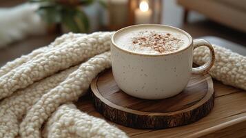 Warm cozy drink served on wooden board near soft knitted blanket in modern living space. photo