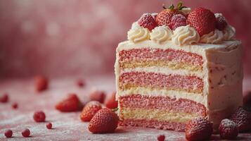 Delightful strawberry cake with layers of sponge and frosting on a pastel background. photo