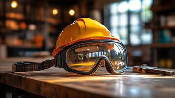 Safety gear resting on a wooden table in a well-lit construction setting. photo