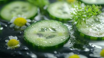 Cucumber slices and daisies float on water creating a refreshing summer display. photo
