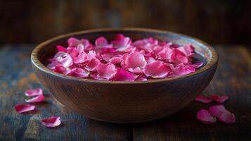 Bowl filled with pink rose petals resting on a wooden surface. photo