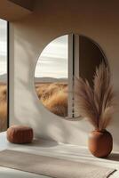 Interior design featuring a round mirror and decorative elements with a scenic view at sunset. photo