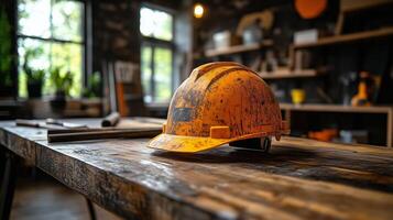 Yellow construction helmet on wooden table in workshop with natural light streaming through windows. photo