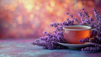 Relaxing tea and lavender arrangement with a colorful background in a tranquil setting. photo