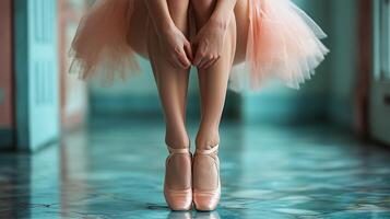 Ballerina preparing for rehearsal in a bright studio with elegant wooden floors and soft lighting. photo