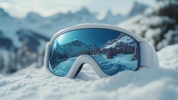 Snowy mountain landscape reflected in ski goggles on a winter day near a popular ski resort. photo