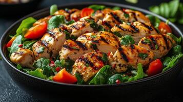 Grilled chicken salad with fresh vegetables on a black plate. photo