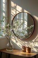 Floral arrangement in vase reflects in round mirror with warm sunlight streaming through windows. photo