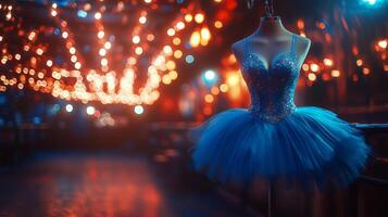 Bright blue tutu on display in a vibrant dance venue with warm lighting effects. photo