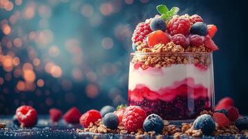Delicious layered dessert with fresh berries and granola against a colorful background. photo