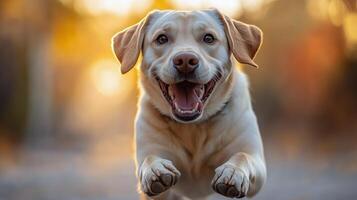 Happy labrador running outdoors in golden light during sunset. photo