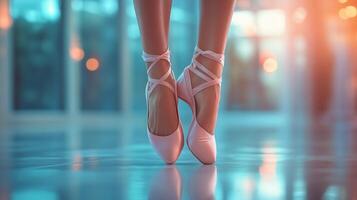 Elegant ballet dancer in soft pink shoes performing on polished floor during a colorful evening. photo