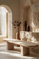 Modern interior featuring natural textures and minimalist design elements in a serene space. photo