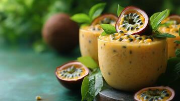 Delicious passion fruit mousse served in clear cups with fresh greens in the background. photo