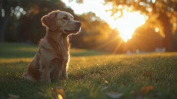 Golden retriever sitting in grassy park at sunset with warm sunlight casting soft glow. photo