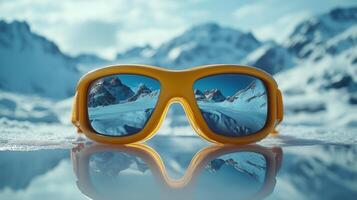 Sunglasses reflecting snow-capped mountains under a clear blue sky during daytime. photo
