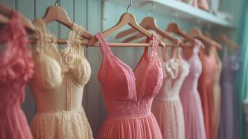 Colorful evening dresses displayed in a boutique for summer events. photo