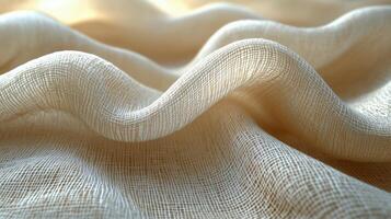 Soft, textured linen fabric draped elegantly with gentle waves in warm light during daylight. photo