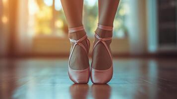 Elegant ballet dancer practicing en pointe in a sunlit studio setting. photo