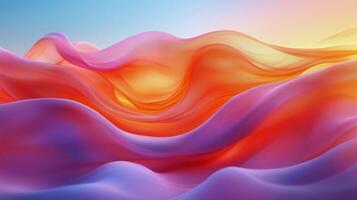 Colorful waves of fabric flowing in a serene landscape during sunrise. photo