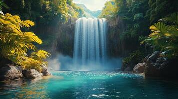 Stunning waterfall cascading into turquoise pool surrounded by lush tropical vegetation. photo