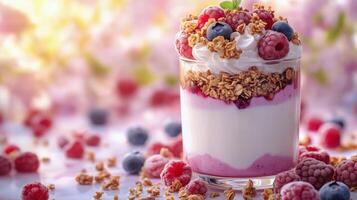 Delicious berry parfait with yogurt and granola on a sunny spring day. photo