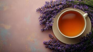 Relaxing cup of herbal tea with fresh lavender on a pastel background. photo