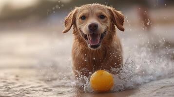 Joyful golden retriever splashes through water while chasing a yellow ball at the beach. photo