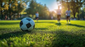 Children playing soccer in a sunny park during late afternoon. photo