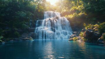 Majestic waterfall cascading into a serene pool surrounded by lush greenery in a tranquil natural setting. photo
