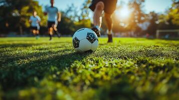 Youth soccer players practicing drills on a sunny afternoon in a local park. photo