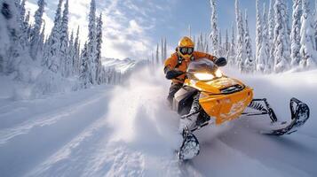Snowmobile rider navigating through a snowy forest in winter with pine trees under a bright sky. photo