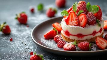 Fresh strawberry dessert on a dark background with mint and scattered berries. photo