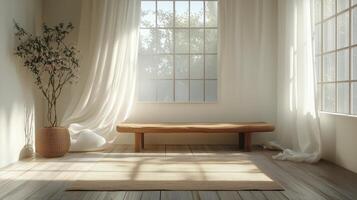 Minimalist interior design featuring a wooden bench and natural light in a tranquil space. photo