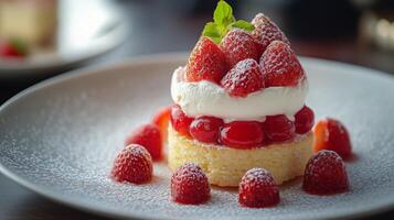 Strawberry dessert served on a white plate in a cozy cafe setting during afternoon hours. photo