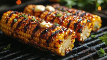 Grilled corn on the cob garnished with herbs and spices at an outdoor summer gathering. photo