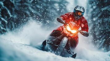 Snowmobile adventure through winter wonderland in snowy forest at twilight. photo