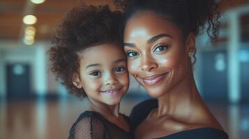 Smiling mother and daughter bonding during dance class in a bright studio. photo