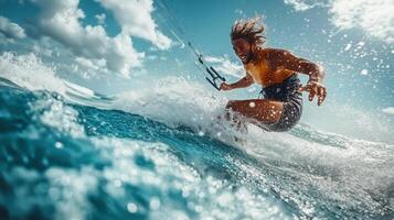 Kite surfer rides the waves under a bright sky on a sunny afternoon at the beach. photo