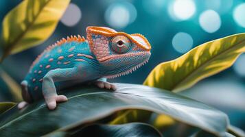Colorful chameleon perched on green leaf in a vibrant tropical setting. photo