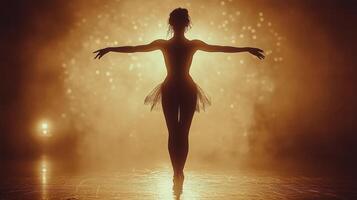Ballet dancer performing gracefully on stage under warm spotlight during evening performance. photo