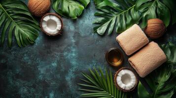 Coconut shells and towels arranged on dark background with tropical leaves for spa relaxation. photo
